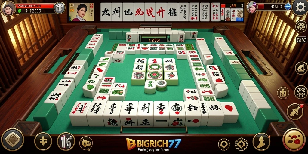 Screenshot gameplay <strong>BIGRICH77</strong> menampilkan suasana permainan Mahjong yang vibrant dan menantang.