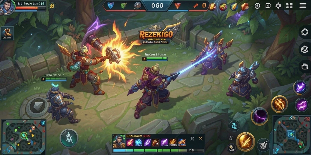 Screenshot utama REZEKIGO menunjukkan aksi seru di arena pertarungan MOBA.